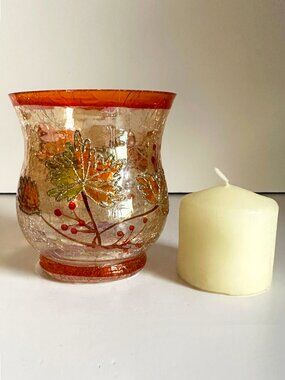 Autumn Leaf Votive Candle Crackle Glass Holder Hurricane with Votive Candle